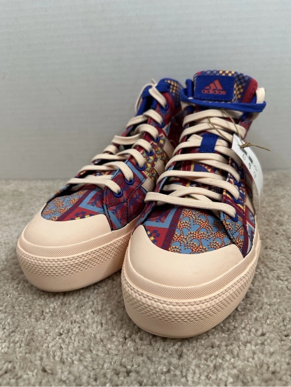 adidas Colorful Patterned High-Top Sneakers in Blue, Burgundy, and Cream, size 8